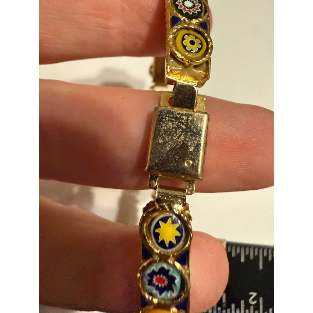 Vintage Italian Micro Mosaic Millefiori Glass Gold Tone Bracelet Floral 7.5